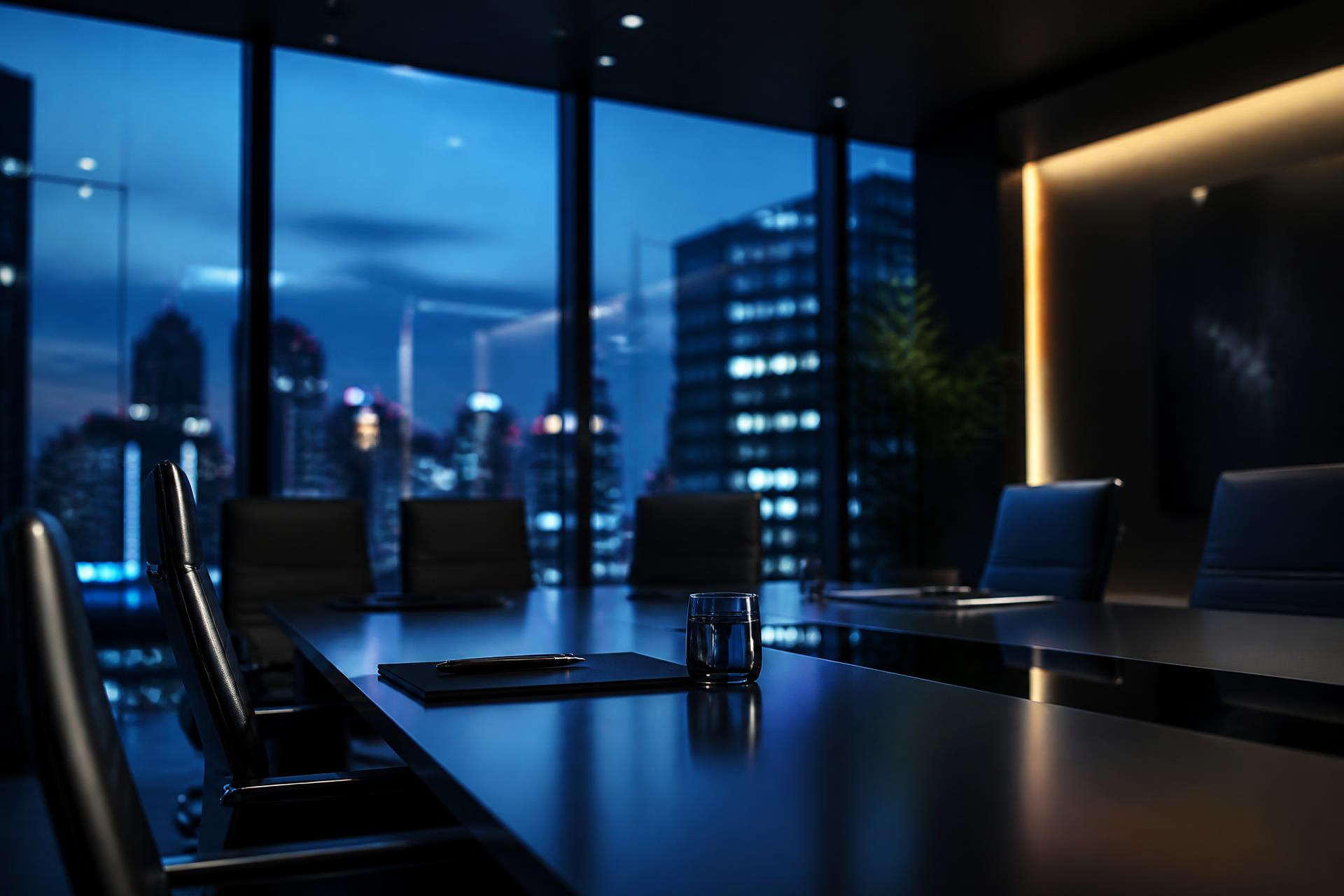 Premium corporate boardroom overlooking a city skyline at blue hour